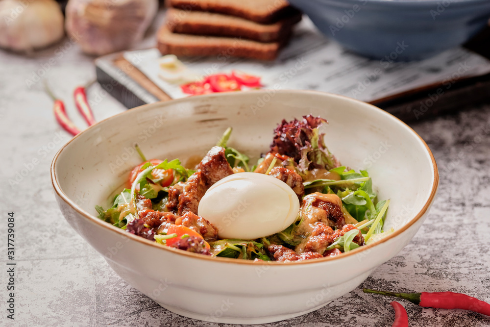 Leaf salad with poached egg and red meat. Dinner Idea. A healthy, delicious brunch. Leaf salad with poached egg and red meat. Dinner Idea. A healthy, delicious brunch.
