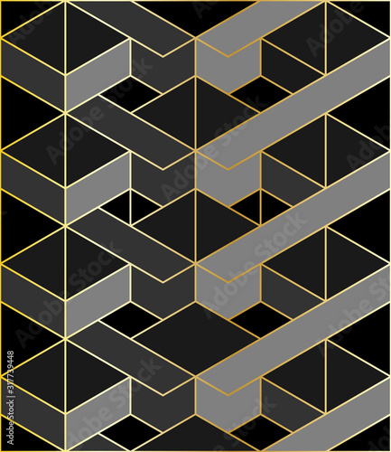 Abstract black and dark grey geometric background with golden outline. Seamless geometric pattern design.