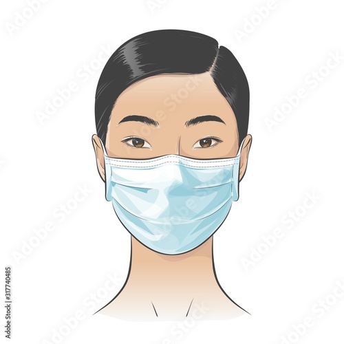 Vector Asian woman wearing disposable medical surgical face mask to protect against high air toxic pollution city