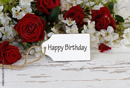 Photography Label with the text happy birthday and red roses