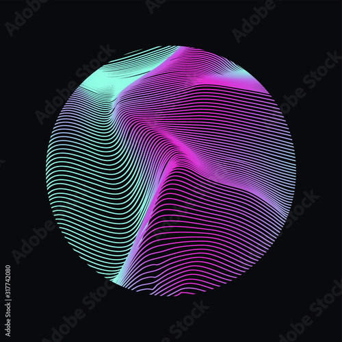 Illuminated holographic circle with glitched texture, wavy lines. Retrofuturistic illustration in 80s-90s Vaporwave, synthwave, retrowave style.