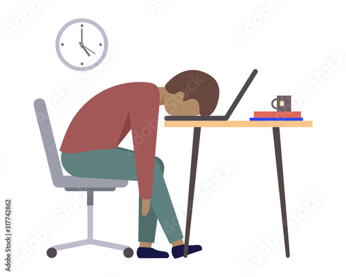 Professional burnout. A tired, exhausted person is sitting in the workplace. A character in the flat style