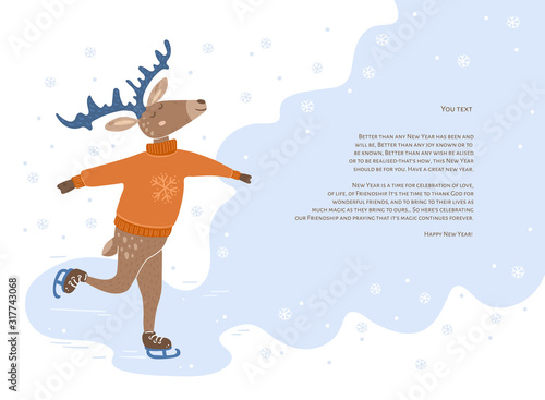 Festive cute deer ice skating with place for text.