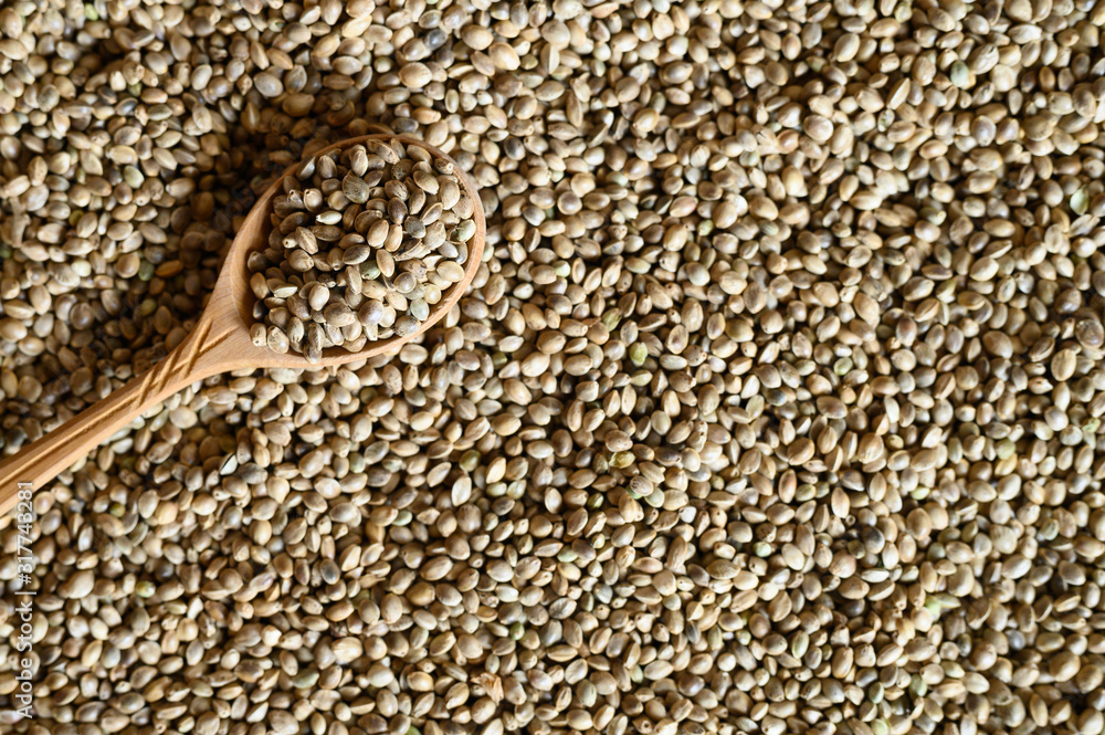 background of hemp seeds with a rustic wooden spoon. space for text background of hemp seeds with a rustic wooden spoon. space for text