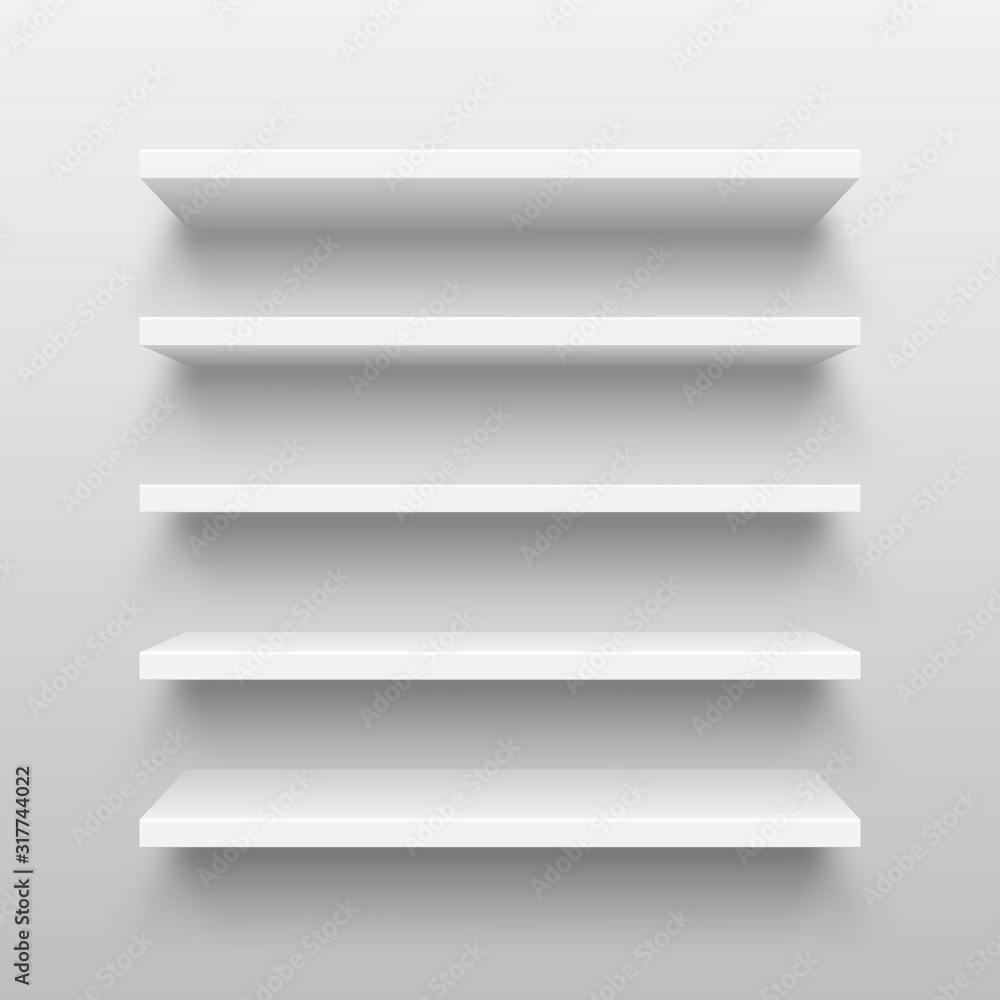 Realistic white wall shelf collection on abstract studio background. Empty store rack. Vector illustration. Realistic white wall shelf collection on abstract studio background. Empty store rack. Vector illustration.