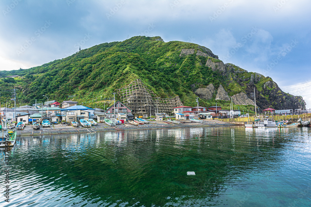 The fishing pier along the Tappi coast in front of the Tsugaru Strait, Aomori, Honshu, Japan