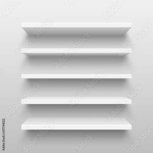Realistic white wall shelf collection on abstract studio background. Empty store rack. Vector illustration.