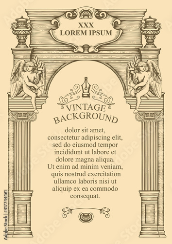 Vintage background or frame for a diploma or certificate in the form of the facade of an old building with angels. Hand drawn vector illustration with an architectural construction and place for text
