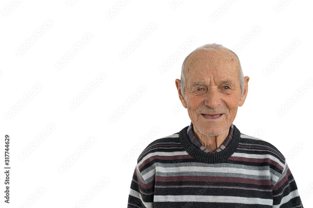 Close up portrait of an old male, man in casual clothes, senior smiles and shows his mouth without teeth, isolated over white background, copyspace for your text Close up portrait of an old male, man in casual clothes, senior smiles and shows his mouth without teeth, isolated over white background, copyspace for your text