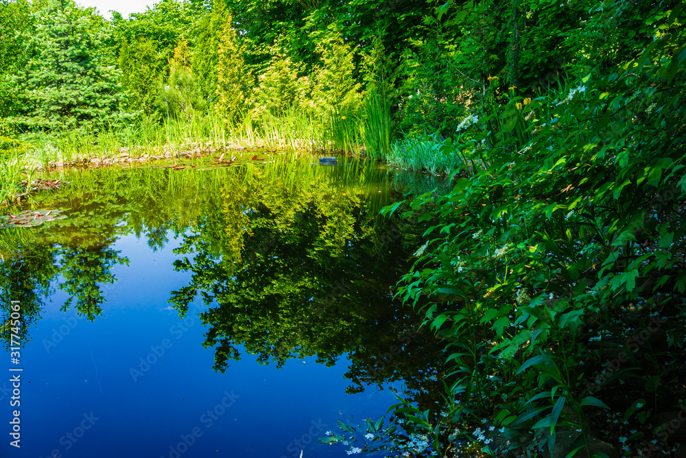 Beautiful garden pond with stone beach against backdrop of evergreen garden. Evergreens are reflected in mirror surface. Blue sky is reflected in pond with stone shore. Spring joyful landscape. Beautiful garden pond with stone beach against backdrop of evergreen garden. Evergreens are reflected in mirror surface. Blue sky is reflected in pond with stone shore. Spring joyful landscape.