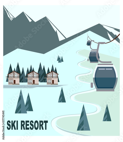 Ski resort with snow-capped mountain peaks. Cabins Ski lift for skiers and snowboarders on the background of winter snow mountains, hills, chalet. Flat vector illustration for advertising banner.