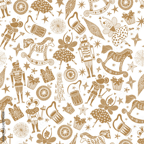 Gold Christmas vector seamless Nutcracker pattern.  Seamless pattern can be used for wallpaper, pattern fills, web page background, surface textures.