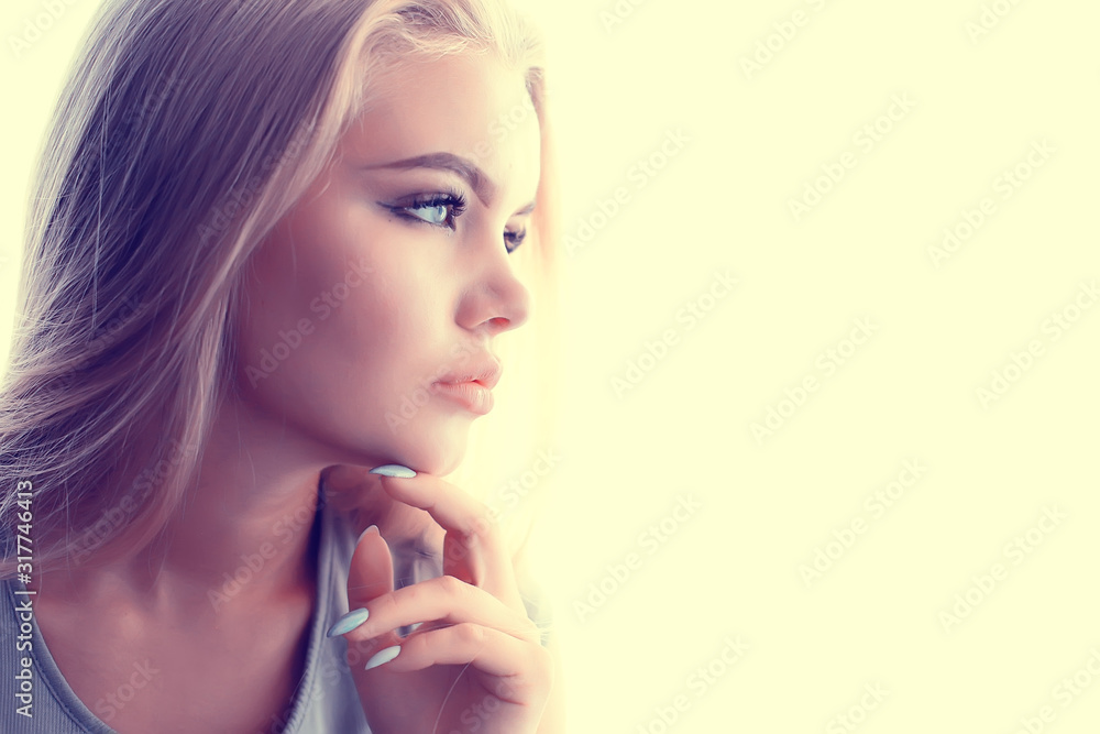 young adult blonde long hair at home, stylish model posing in the studio young adult blonde long hair at home, stylish model posing in the studio