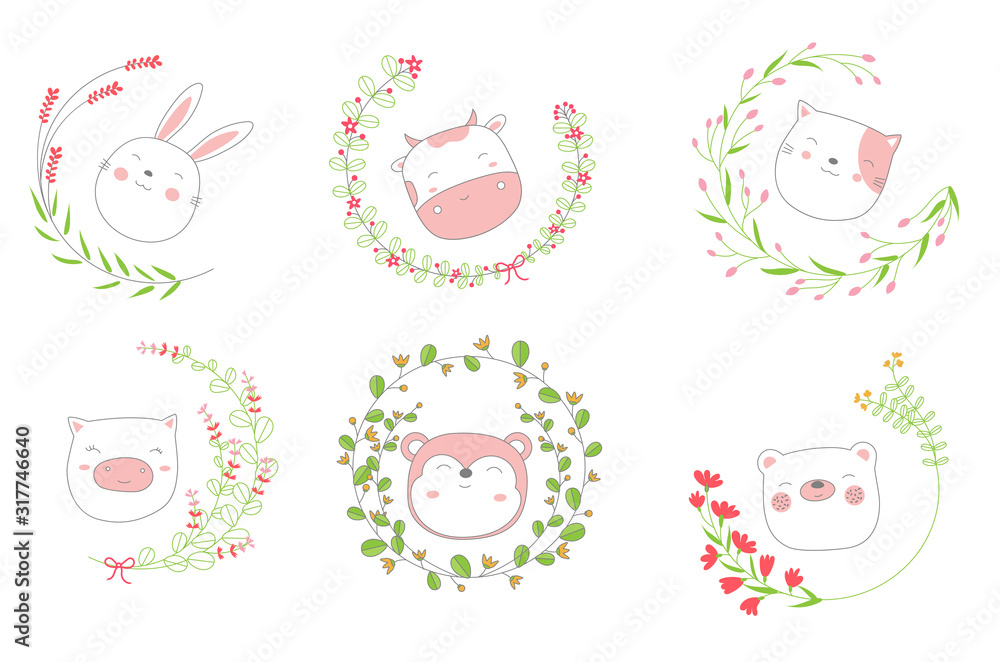 Cartoon sketch the lovely face baby animals with Flower. Valentines day with Hand drawn style. Cartoon sketch the lovely face baby animals with Flower. Valentines day with Hand drawn style.