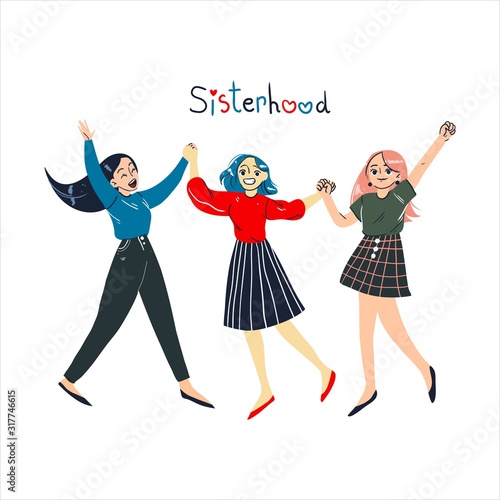 colorful vector sisterhood concept for international woman's day, group of three young jumping happy women, female adult friends, female cartoon characters, girl power