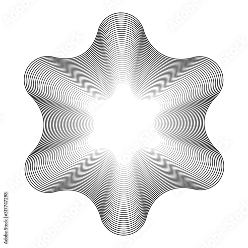 Black circular lines with different width that makes a six pointed wireframe pattern.