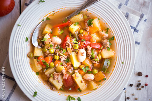 Delicious hamburger soup with meat and vegetables