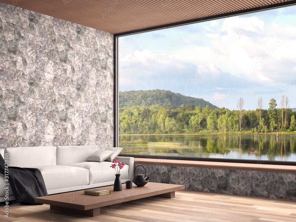 Landscaperoom View Texture Contemporary living room with nature view 3d render,The rooms have ...