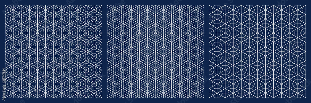 Seamless japanese pattern shoji kumiko.Diamonds grid.White lines on blue background. Seamless japanese pattern shoji kumiko.Diamonds grid.White lines on blue background.
