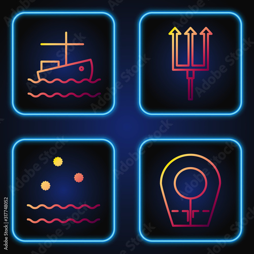 Set line Diving hood, Cold and waves, Fishing boat on water and Neptune Trident. Gradient color icons. Vector