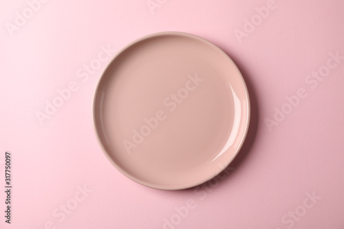 Plate on pink background, top view and space for text