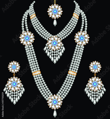 Illustration of a set of women's necklace and earrings made of pearls and precious stones
