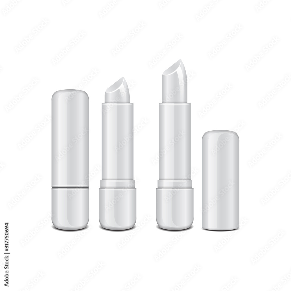 White glossy closed and opened lip balm stick, realistic hygienic lipstick. Vector blank mockup, design template set