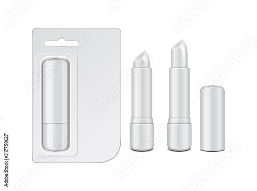 White glossy closed and opened lip balm stick set, realistic hygienic lipstick with cardboard pack. Vector blank mockup, design template