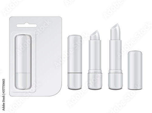 White glossy closed and opened lip balm stick, realistic hygienic lipstick with cardboard pack. Set of vector blank mockup, design template