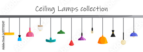 Vector ceiling lamp collection in flat style. Electricity equipment for home interior isolated on white background. Set of indoor and outdoor electric elements.Illustration with lamp, chandelier, bulb