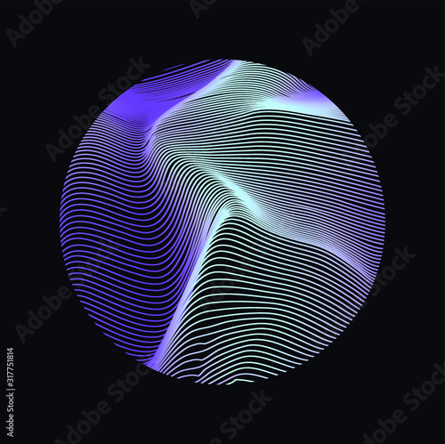 Illuminated holographic circle with glitched texture, wavy lines. Retrofuturistic illustration in 80s-90s Vaporwave, synthwave, retrowave style.