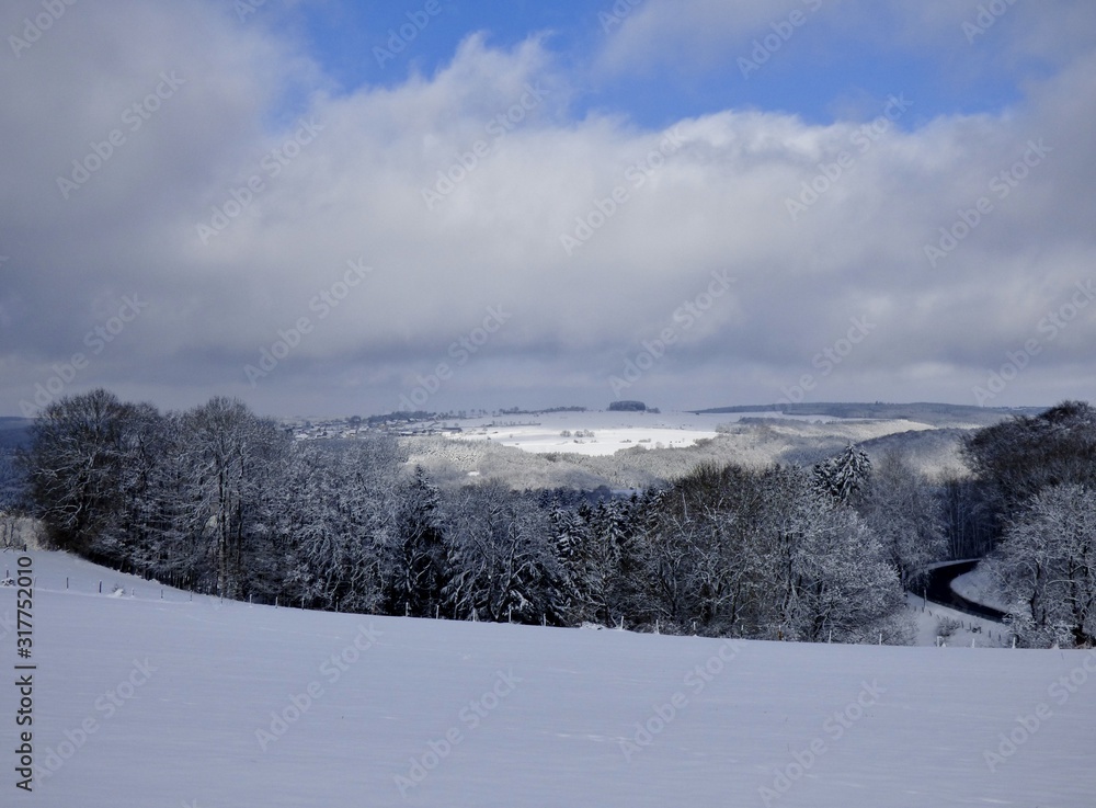 winter landscape, forest and valley and beautiful sky