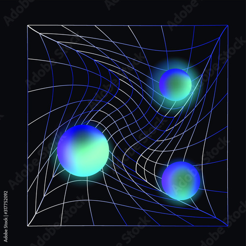 Laser grid with glowing neon spheres on dark background. Vaporwave and synthwave style illustration.