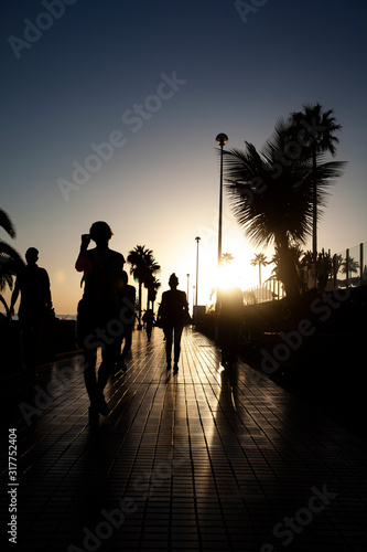 people walking on sunset street with palms