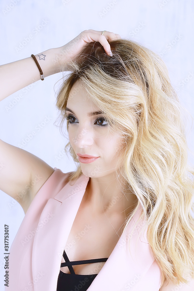 Obraz premium professional make-up model studio / model posing in studio with bright fresh make-up, beautiful eyes and lips with makeup