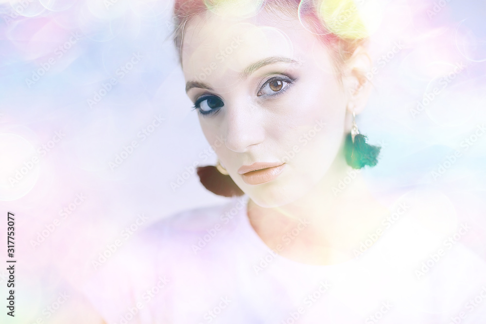 girl with summer make-up on blurred white background with pink bokeh / beautiful bright make-up, professional style glamor model girl with summer make-up on blurred white background with pink bokeh / beautiful bright make-up, professional style glamor model