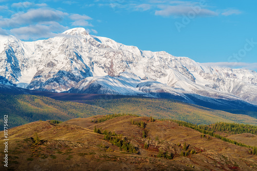 View of the North Chuysky ridge from the hills of the Kurai steppe. Kosh-Agachsky District, Altai Republic, Russia