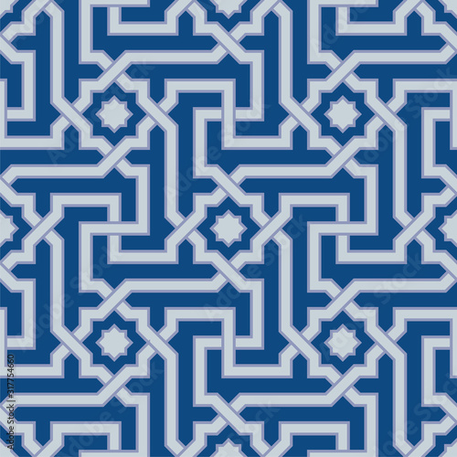 Classic Blue Ornate Seamless Vector Pattern of Moorish Tile Decorations. Tileable mosaic background in Islamic style.