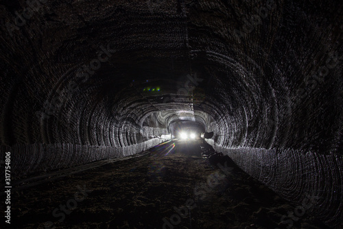 Salt potash mine tunnel with light