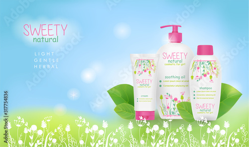 Children cosmetic on blue background. White packages, beautiful floral ornament. Vector