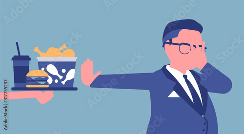 Junk fast food refusal, man restricting himself. Saying no to cheap, tempting calories, dieting to lose weight, prevent and treat diseases, diabetes or obesity. Vector illustration