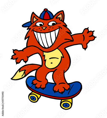 Cat on skateboard with baseball cap, sporting animal color cartoon