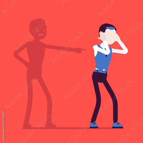 Self-blame emotions, guilt and self-disgust man. Stressful situation or depression, emotional abuse, shame, worry, unhappiness, responsible for a fault or wrong. Vector illustration