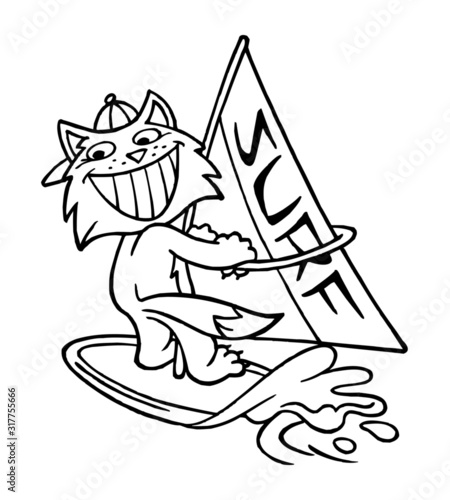 Cat on windsurf with baseball cap, sporting animal black and white cartoon