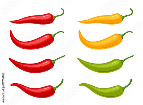 Hot chili peppers set isolated on white background. Vector illustration of red, yellow and green peppers.