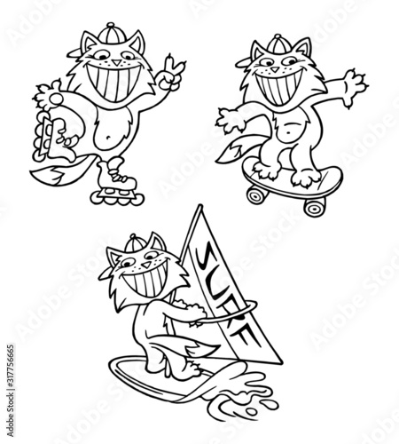 Cat on skates  skateboard and windsurf  sporting animals  set of black and white cartoon