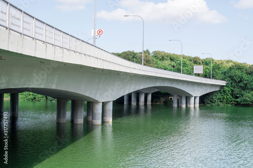 concrete bridge with green river and forest background