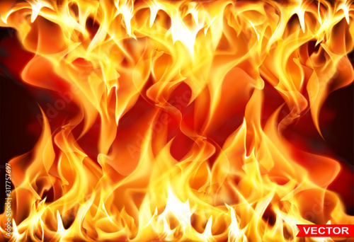 Realistic many burning fire flames with shiny bright elements. Power, fuel and energy symbol. Layered vector background.