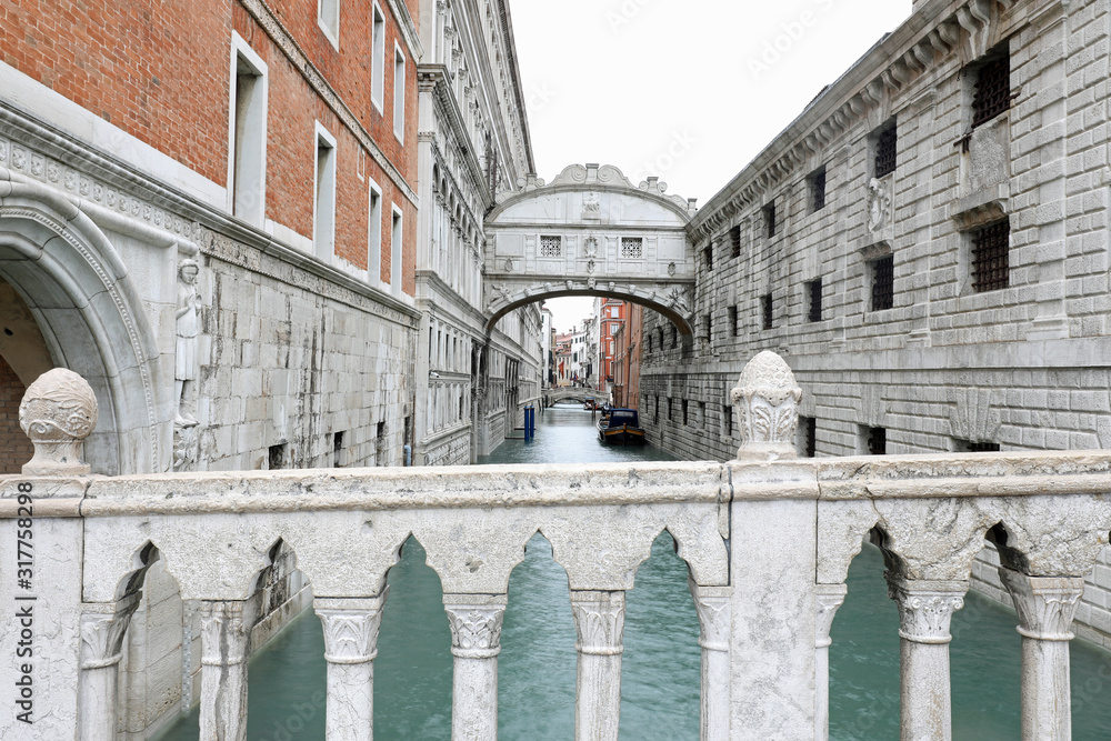 famous bridge of sighs in venice without people on a rainy day