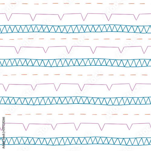 Vector sewing machine stitches seamless pattern. Hand drawn illustration of colorful thread stitched on white background.